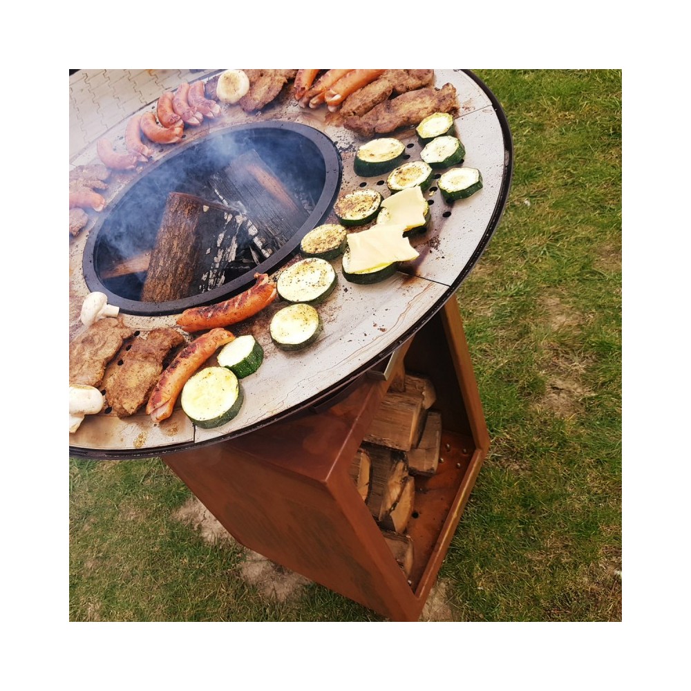 Brasero En Métal Avec Bois Brûlant Et Viande Sur Le Gril, Barbecue